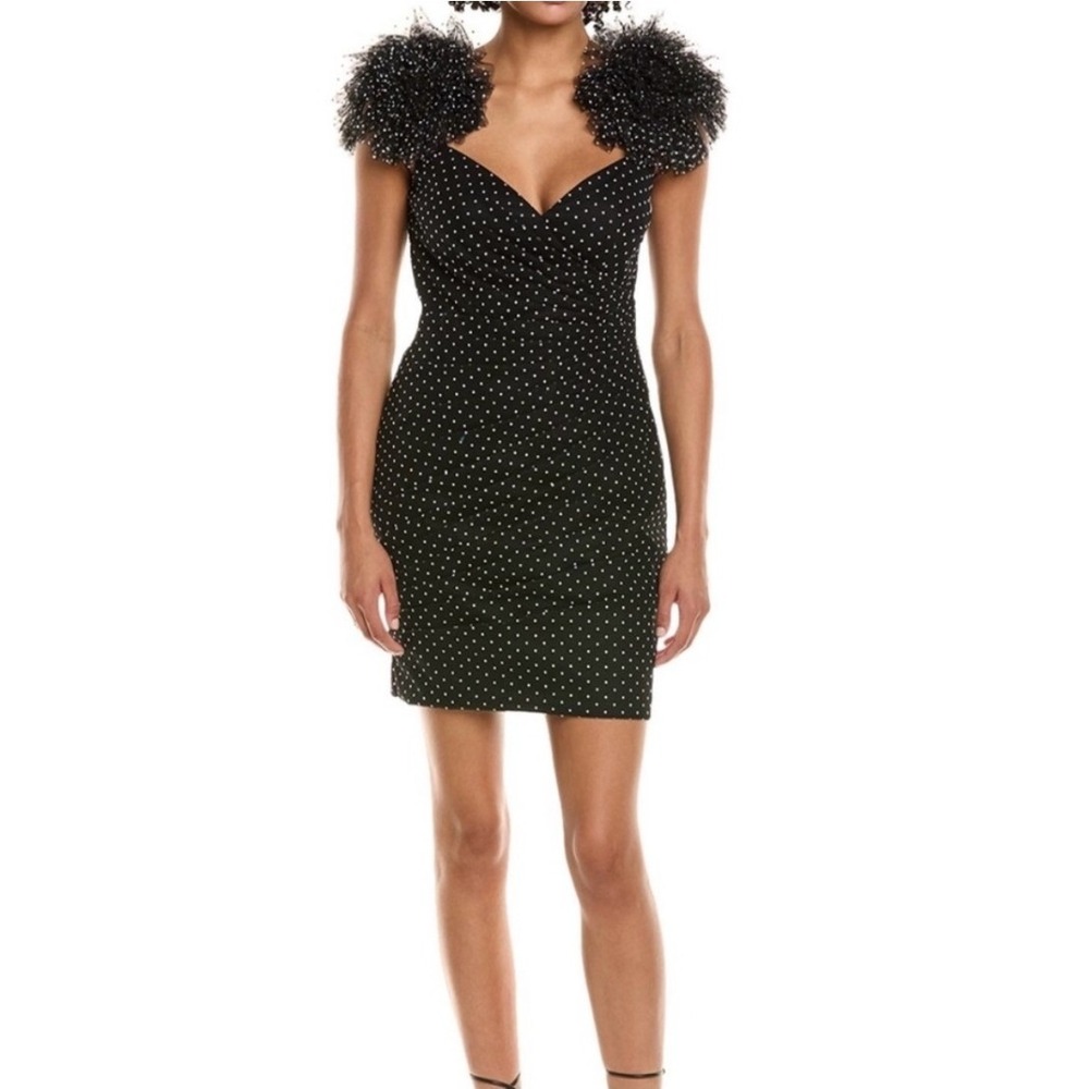 ML‎ Monique Lhuillier Peyton Polka Dot Ruched Tulle Mini Dress Black White - 12